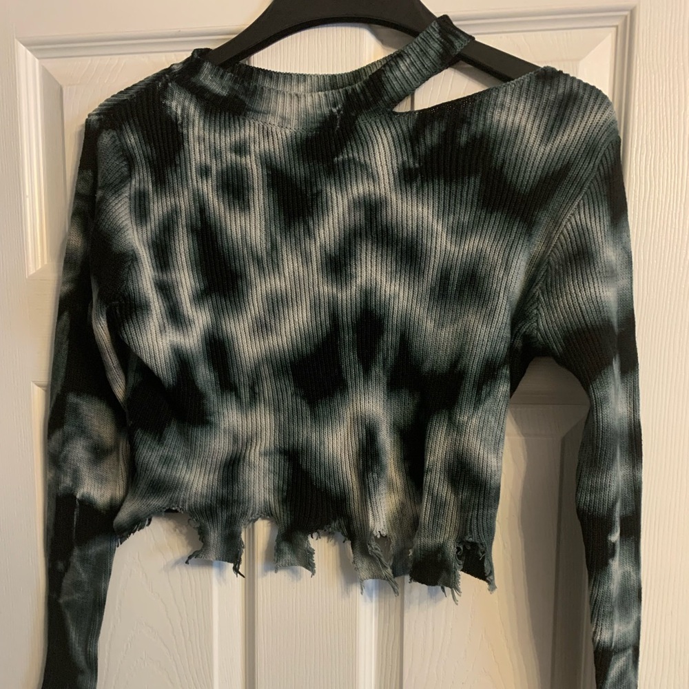 black and blue distressed sweater